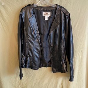 Black faux leather bomber jacket with frills